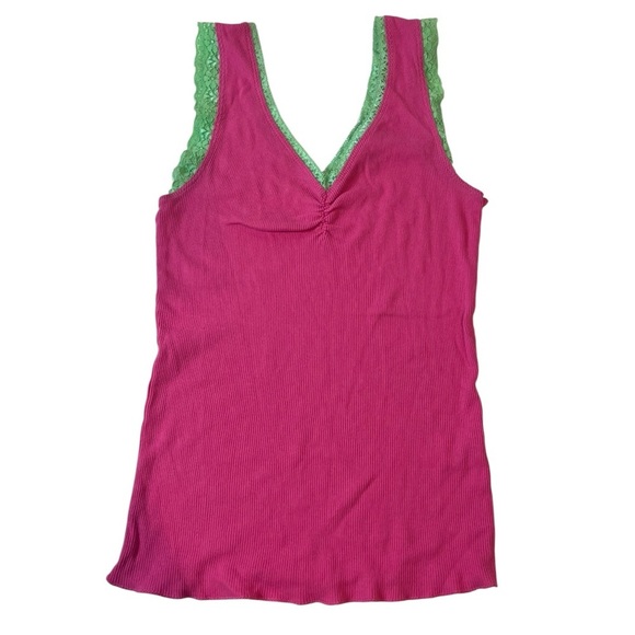 y2k hot pink and green lace trim cinched tank top vintage barbie retro fairy 80s - Picture 1 of 6